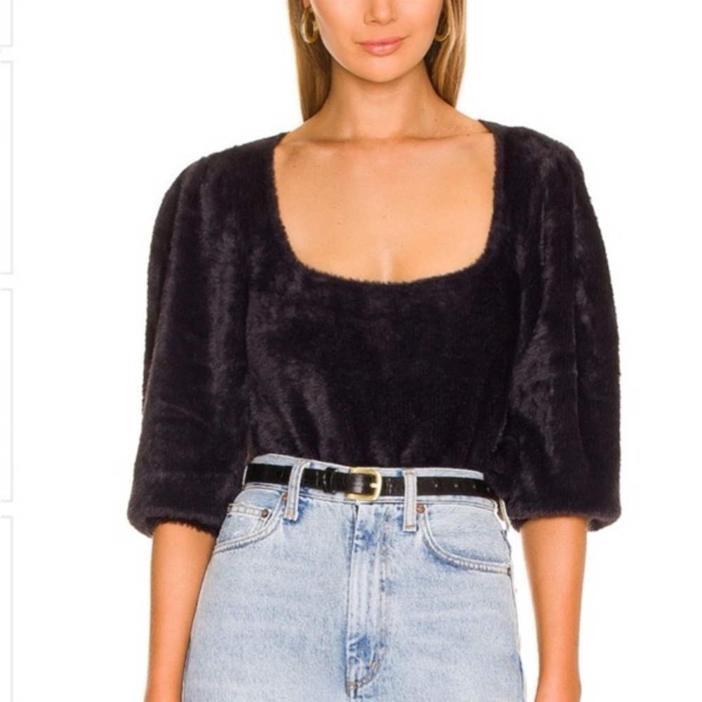 Free‎ People Size Medium Fuzzy Black Puff Sleeve Scoop Neck Top Size Medium